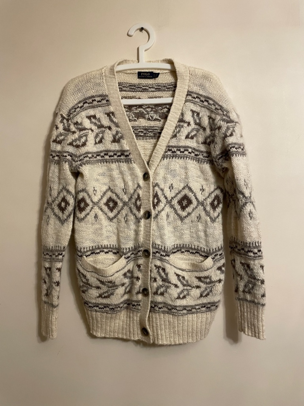 Polo by Ralph Lauren Cream and Gray Fair Isle Button-Front Cardigan